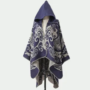 Eleganter blauer Kapuzenponcho-Schal mit Vintage-Bohemian-Jacquardmuster für Damen
