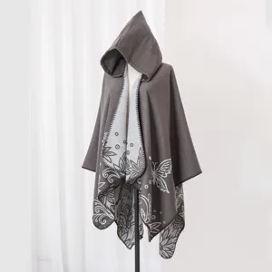 Elegant hooded knit poncho with butterfly floral pattern for women, autumn style