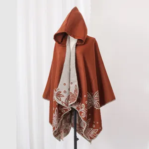 Women's stylish warm hooded knit poncho shawl with elegant floral and butterfly patterns