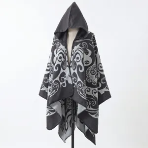 Eleganter Damen-Kapuzen-Umhang mit Vintage-Strickmuster in Anthrazitgrau und Grau