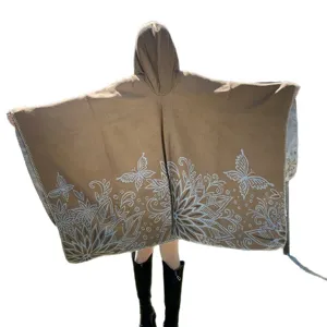 Elegant women's brown hooded knitted shawl poncho featuring white butterfly floral prints