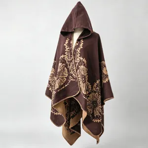 Eleganter Strickponcho mit Kapuze, Vintage-Blumenmuster und einem warmen Design.