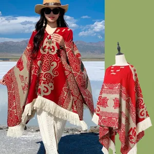 Vintage Ethnisch Bohemian Jacquard Cape Schal Mit Quastenbesatz Acryl Polyester Pullover Reise Poncho Für Damen Urlaub Party Dekoration