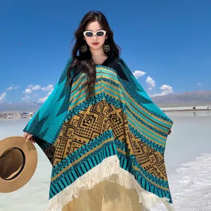 Ethno-Stil Poncho-Schal mit Quasten für Damen, perfekt für Reisen und Outdoor-Mode