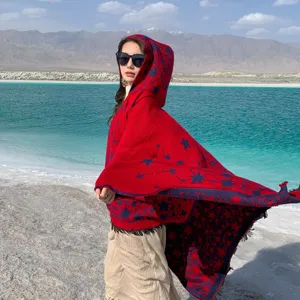 Women Imitation Cashmere Hooded Cape Shawl Winter Warm Ethnic Geometric Star Tassel Outerwear Travel Scarf