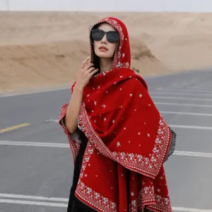 Elegant red ethnic hooded shawl with star patterns for desert travel and photography