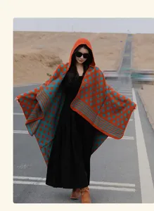 Stylish ethnic knit hooded poncho shawl with orange geometric patterns for women
