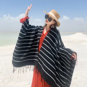 Ethnic Style Striped Knitted Shawl For Women Winter Warm Thickened Tassel Open Front Poncho Wrap For Travel Outdoor Bohemian Scarf