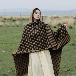 Elegant ethnic style hooded knitted shawl for women vintage travel poncho wrap scarf