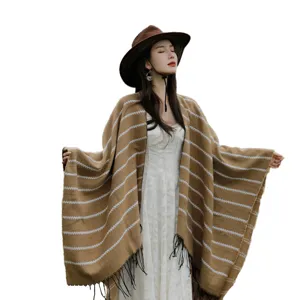 Ethnic style striped knit shawl with thick warm fringe for travel and outdoor wear
