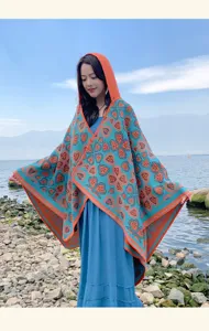 Bunter Ethno-Strickponcho mit Kapuze und Herzmuster in malerischer See-Außenumgebung