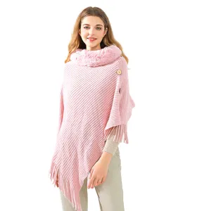 Women Acrylic Faux Rabbit Fur Collar Knit Shawl Pullover Tassel Poncho Cape For Autumn Winter Warmth Daily Wear