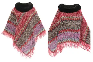 Damen Strickponcho mit schwarzem Kunstfellkragen und buntem Zickzack-Fransenmuster
