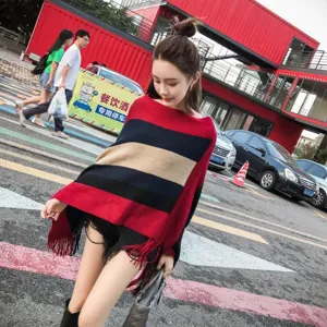 Women Striped Irregular Hem Tassel Poncho Shawl Cashmere Like Knitted Wrap Cape Top For Spring Autumn Winter Ladies Fashion Outerwear