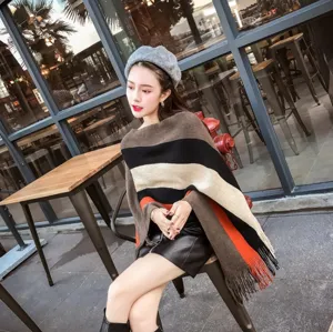 Stylish striped irregular fringed poncho shawl for women, autumn knitwear sweater