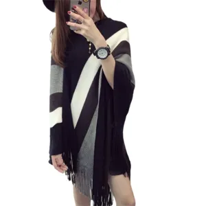 Fashionable striped irregular tassel poncho shawl knit sweater for women in autumn