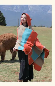 Outdoor detail view of a woman wearing a colorful striped hooded poncho on a meadow