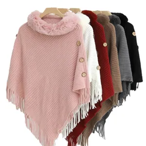 Winter warm knitted poncho with faux fur collar and fringe tassels in multiple colors