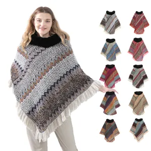 Western Street Style Polyester Strick Poncho Schal Für Damen Bohemian Zackenmuster Thermischer Pullover Umhang Mit Kunstfellkragen Quastenfransen Cape Schmuck