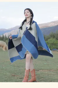 Stylish Bohemian ethnic striped hooded poncho shawl perfect for travel and outdoor wear