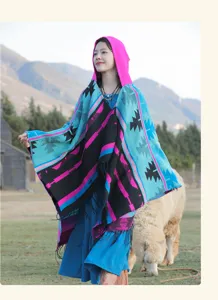 Detailansicht eines farbenfrohen Boho-Ponchos mit Kapuze und ethnischen Mustern in der Prärie.