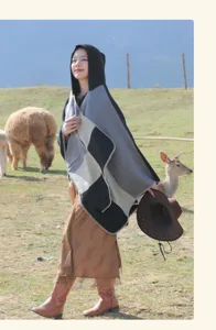 Ethnic style hooded striped poncho shawl worn by a model in a pastoral outdoor setting.