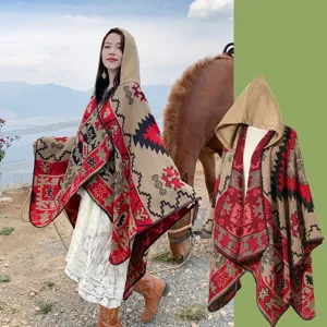 Poncho Ethnique À Capuche Pour Femme Châle Bohémien À Motif Géométrique Jacquard Cape Chaude Pour Photographie Voyage