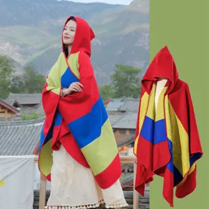 Vintage Ethnic Striped Shawl For Women Imitation Cashmere Tassel Cloak Cape Fashion Winter Warm Travel Hooded Poncho Outwear