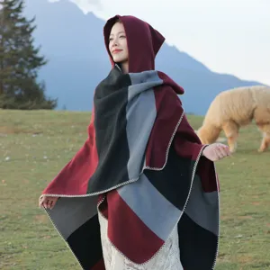 Elegant women's striped hooded shawl cape with color block design for outdoor travel