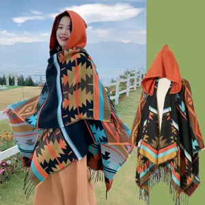 Boho Ethnisch Kapuzenponcho Umhang Für Damen Retro Geometrisches Muster Jacquard Quasten Schal Umhang Für Reise Fotografie
