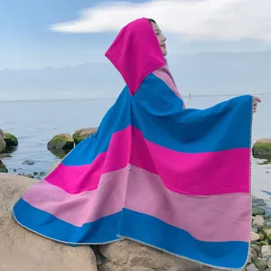 Colorful striped hooded shawl poncho for women outdoor travel outfit ethnic style cape