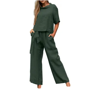 Women casual two-piece summer set short sleeve crew neck top wide leg pants plus size