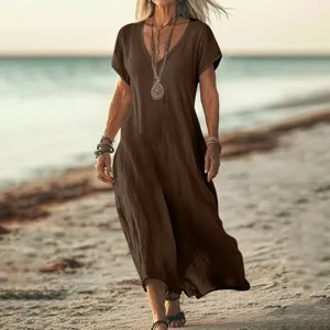 Women cotton linen v-neck short sleeve loose maxi dress for casual summer beach wear.