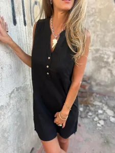 Summer casual sleeveless linen blend shirt dress with buttons and pocket for women.
