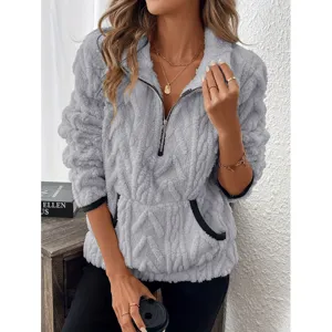 Grijze pluizige fleece trui voor dames korte pullover met kwart rits en zakken nieuw