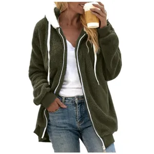 Veste à capuche ample en polaire zippée pour femme, vêtement chaud d'hiver douillet.