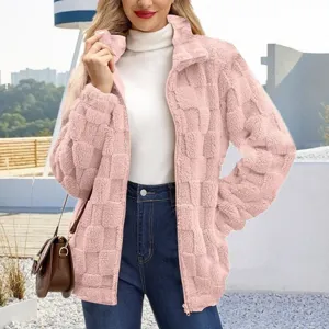 Casual pink checkerboard fleece zip-up jacket for women, stylish autumn winter outerwear.