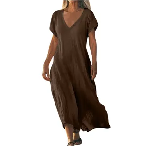 Details view of solid brown V-neck short sleeve loose maxi dress, comfortable cotton linen fabric.