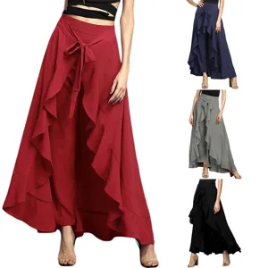 Women's Casual High Waist Loose Chiffon Wide Leg Pants Bowtie Tie Front Elegant Long Trousers