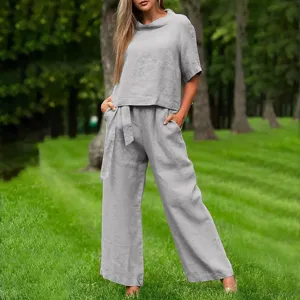 Women casual summer two piece set short sleeve top and wide leg pants grey outfit