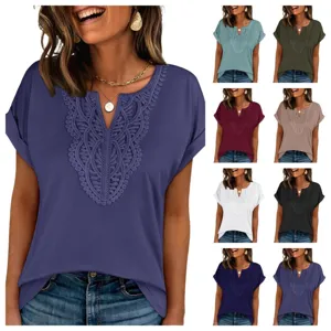 Women Casual Bohemian Lace V-Neck Short Sleeve T-Shirt Solid Color Loose Summer Top Regular Fit Polyester Daily Wear