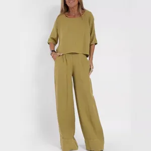 Damen lässig lose einfarbig kurzärmelig Leinen Hose Set Sommer zweiteiliges Outfit
