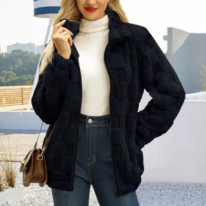 Women Winter Black Fleece Checkerboard Stand Collar Zip Up Cardigan Outerwear Detail