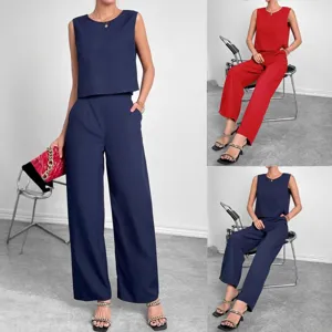 Femme Été Décontracté Couleur Unie Slim Sans Manches Haut Et Pantalon Large Ensemble Deux Pièces Mélange De Lin Tenue Élégante