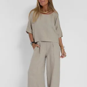 Damen Freizeit Lose Einfarbig Kurzarm Leinen Hosen Set Sommer Zweiteiliges Outfit