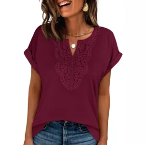 Fashion Summer Boho V-Neck Lace Short Sleeve T-Shirt For Women Casual Loose Top New