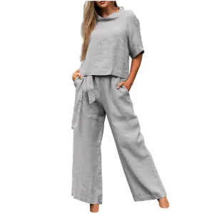 Summer casual two piece set, short sleeve round neck top and wide leg pants, grey apparel.