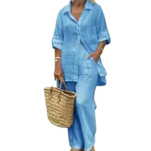 Women two-piece casual outfit long sleeve button down shirt and wide leg trousers set.