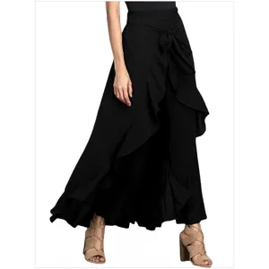 High waist wide leg pants for women casual black chiffon trousers fashion wrap pants autumn