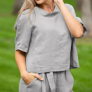 Women summer casual linen two piece set short sleeve round neck top and matching trousers grey